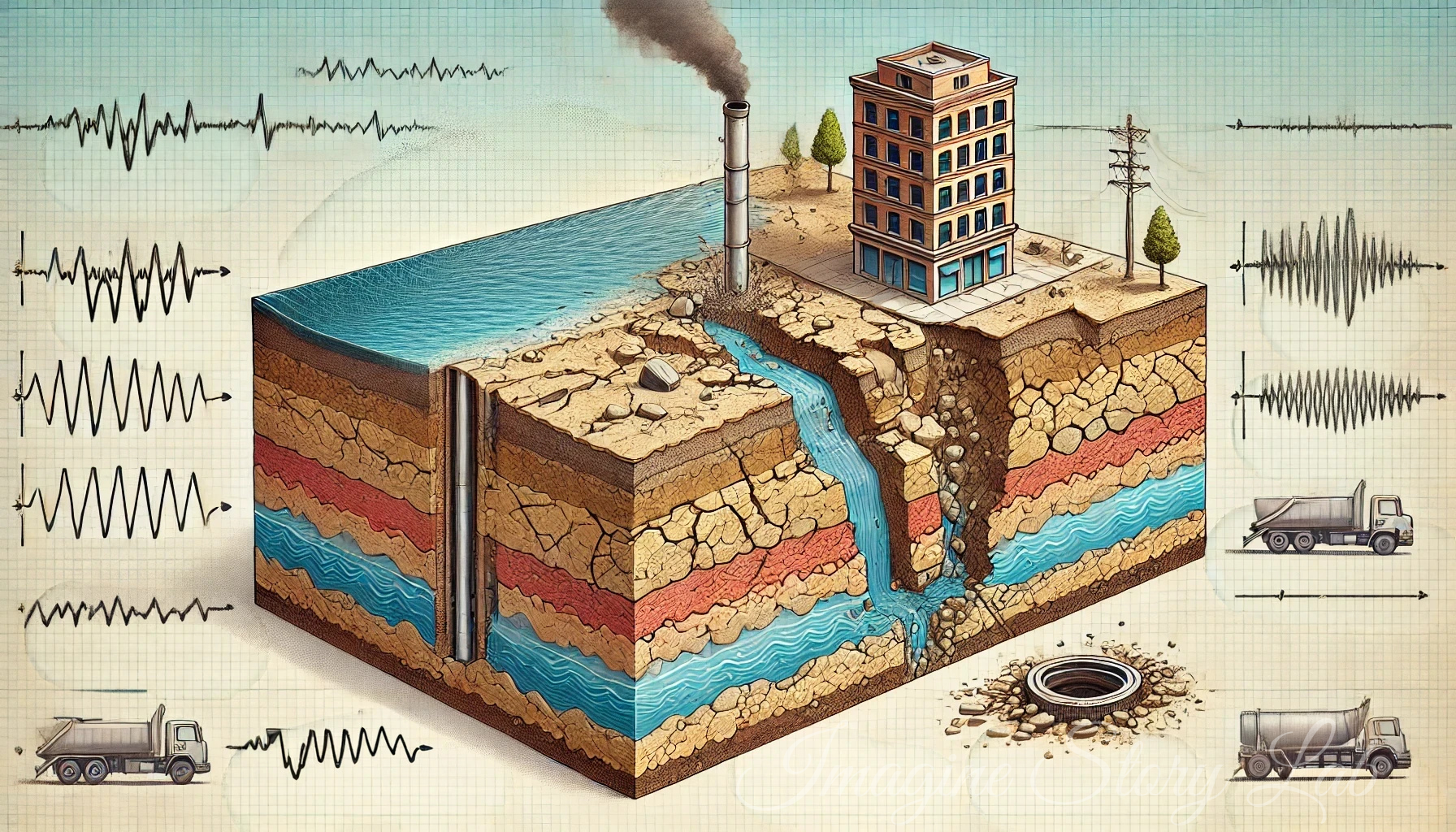埋立地で起こりやすい液状化の仕組みを示す図解